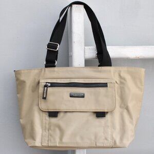 Kenneth Cole Y2K Tan Beige Black Nylon Zip-Up Utility Multi-Pocket Handbag Tote